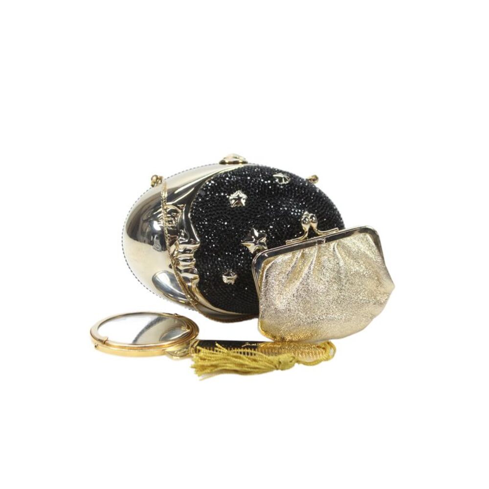 Judith Leiber Womens Moon & Stars Crystal Egg Minaudiere Handbag Black Gold Tone